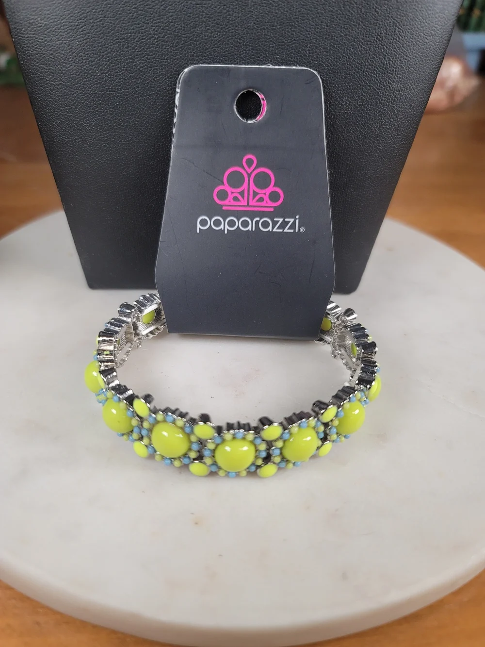 paparazzi Neon Lime and Teal Beaded Cabochon Bracelet